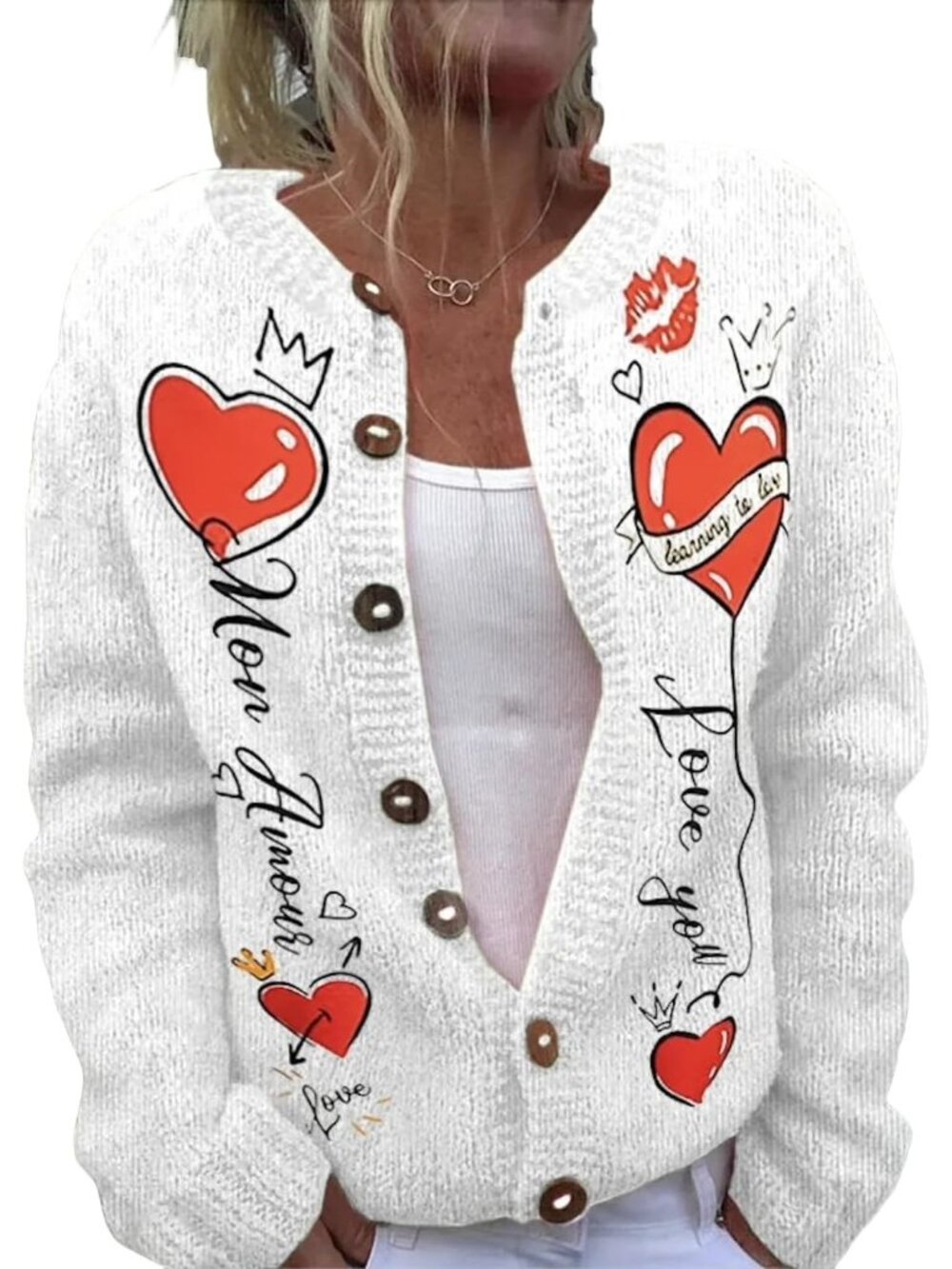 Women’s White Red Heart Print Mon Amour Valentine Knit Cardigan Sweater